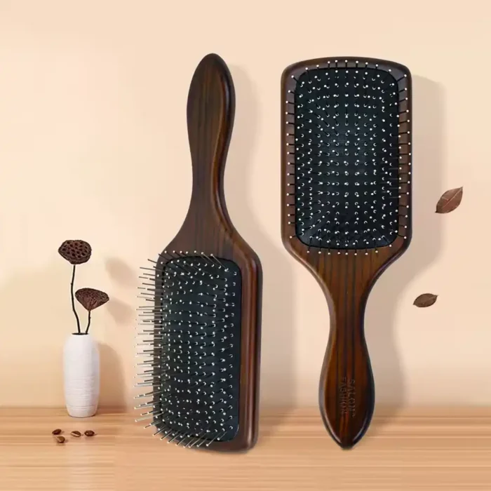 Natural Wooden Paddle Hair Brush Metal Bristles Air Cushion Scalp Massage Detangling Hair Care Tool for Men Women Daily Use
